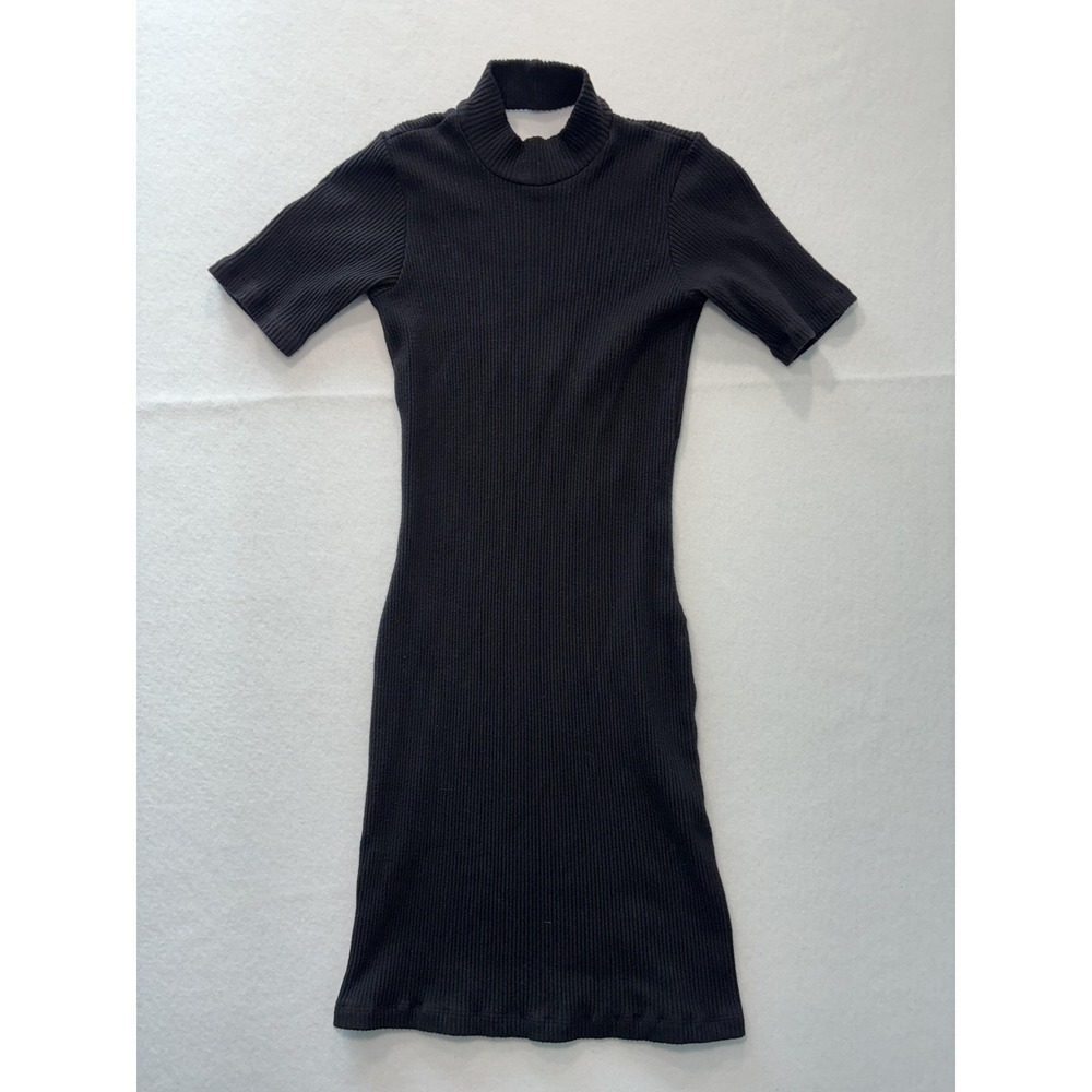 Monrow Dress Womens XS Black Ribbed Mock Neck Short Sleeve Bodycon Cutout Mini
